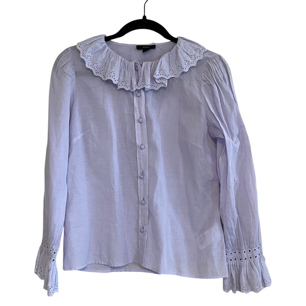 J.Crew Embroidered Ruffle Collar Eyelet Long Sleeve Blouse Shirt Top Lavender 2 - Picture 2 of 10
